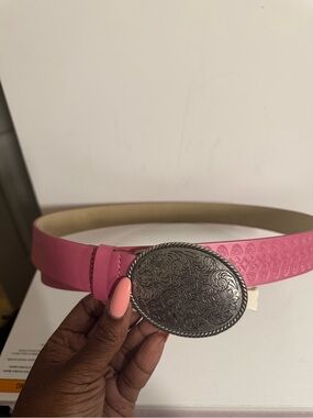 Pink Women's Embossed Leather Belt with Silver Oval Buckle NWT